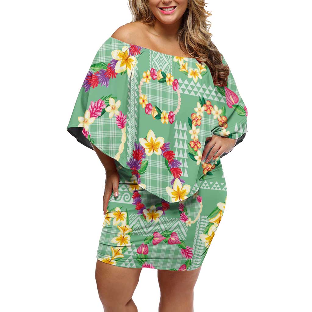 Hawaiian Leis Family Matching Off Shoulder Short Dress and Hawaiian Shirt Kakau Tattoos and Palaka Pastel Green Color LT03 Mom's Dress Green - Polynesian Pride