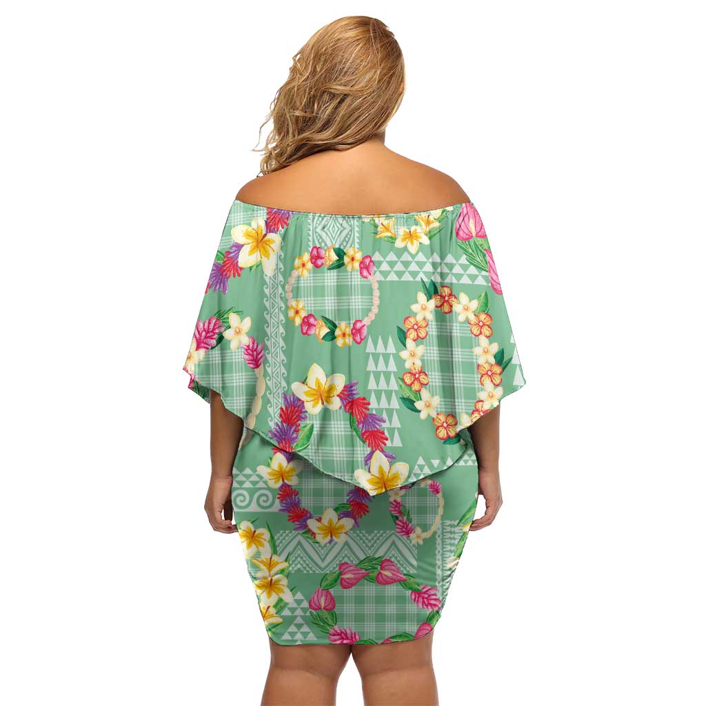 Hawaiian Leis Family Matching Off Shoulder Short Dress and Hawaiian Shirt Kakau Tattoos and Palaka Pastel Green Color LT03 - Polynesian Pride