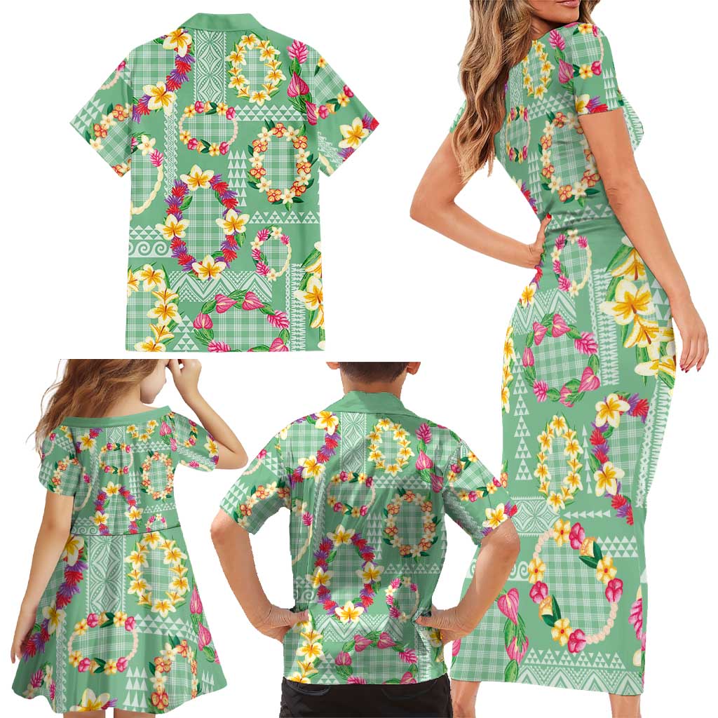 Hawaiian Leis Family Matching Short Sleeve Bodycon Dress and Hawaiian Shirt Kakau Tattoos and Palaka Pastel Green Color LT03 - Polynesian Pride