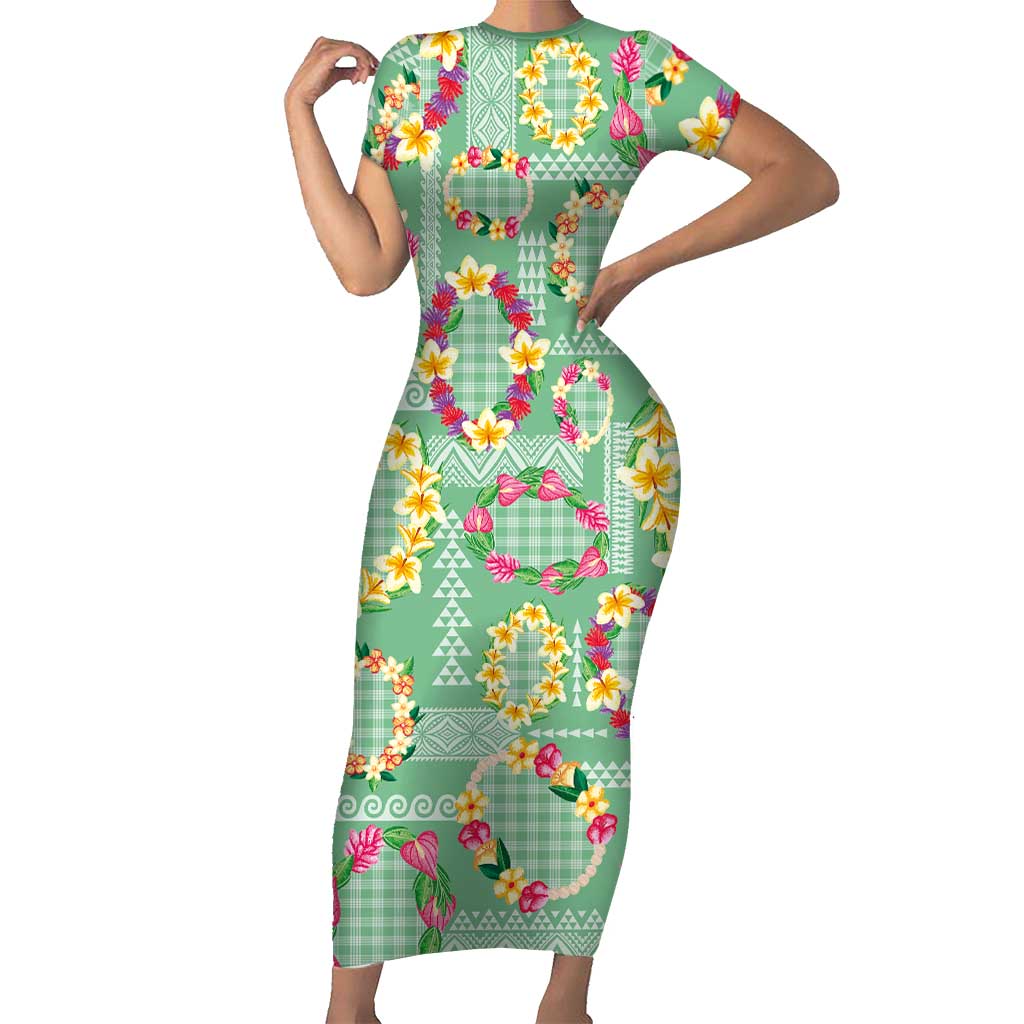 Hawaiian Leis Family Matching Short Sleeve Bodycon Dress and Hawaiian Shirt Kakau Tattoos and Palaka Pastel Green Color LT03 Mom's Dress Green - Polynesian Pride