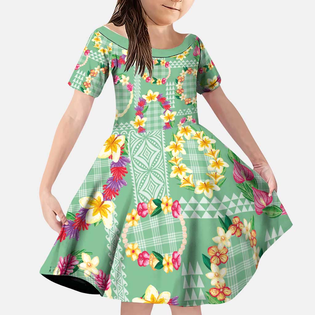 Hawaiian Leis Family Matching Summer Maxi Dress and Hawaiian Shirt Kakau Tattoos and Palaka Pastel Green Color LT03 Daughter's Dress Green - Polynesian Pride
