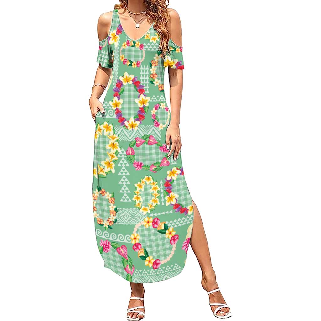 Hawaiian Leis Family Matching Summer Maxi Dress and Hawaiian Shirt Kakau Tattoos and Palaka Pastel Green Color LT03 Mom's Dress Green - Polynesian Pride