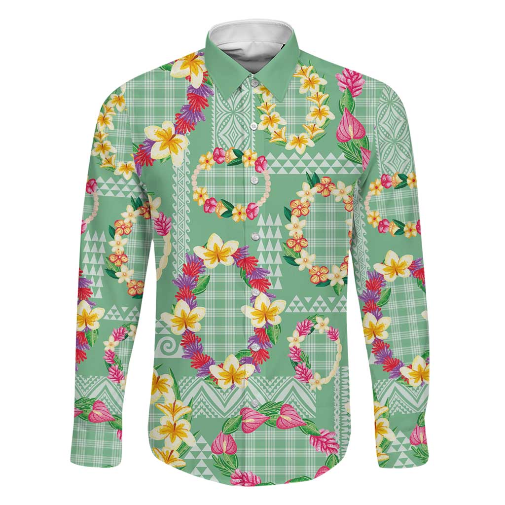 Hawaiian Leis Family Matching Tank Maxi Dress and Hawaiian Shirt Kakau Tattoos and Palaka Pastel Green Color LT03 Dad's Shirt - Long Sleeve Green - Polynesian Pride