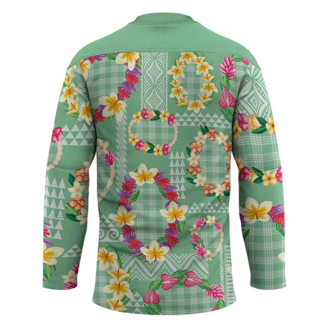Hawaiian Leis Hockey Jersey Kakau Tattoos and Palaka Pastel Green Color