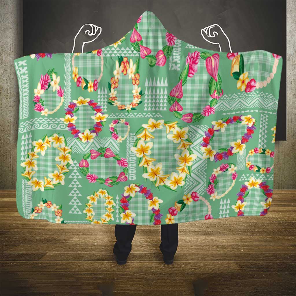 Hawaiian Leis Hooded Blanket Kakau Tattoos and Palaka Pastel Green Color
