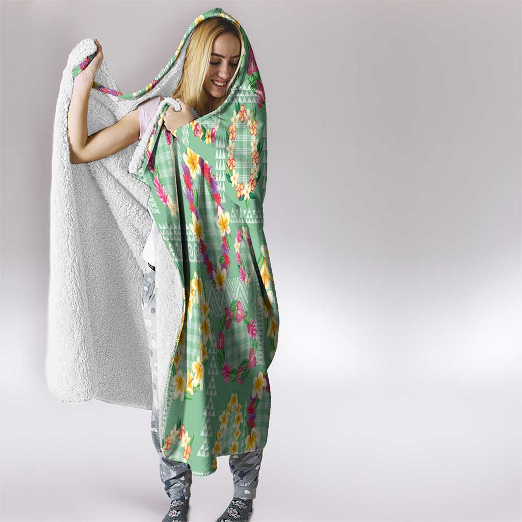 Hawaiian Leis Hooded Blanket Kakau Tattoos and Palaka Pastel Green Color