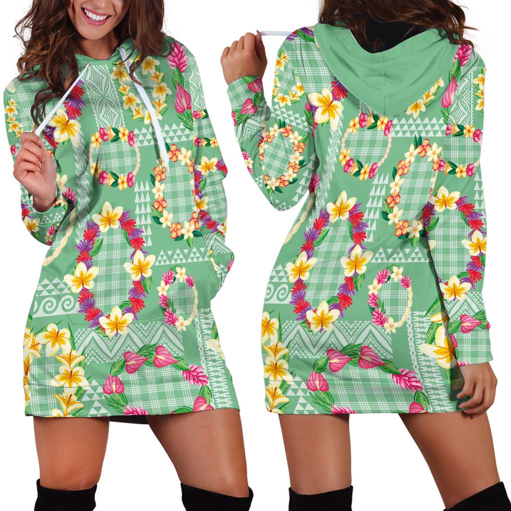 Hawaiian Leis Hoodie Dress Kakau Tattoos and Palaka Pastel Green Color