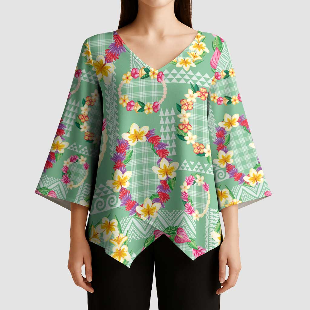 Hawaiian Leis Kimono Sleeve Blouse Kakau Tattoos and Palaka Pastel Green Color