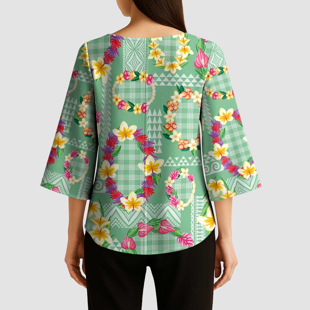 Hawaiian Leis Kimono Sleeve Blouse Kakau Tattoos and Palaka Pastel Green Color