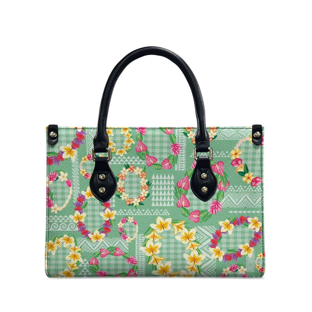 Hawaiian Leis Leather Bag Kakau Tattoos and Palaka Pastel Green Color