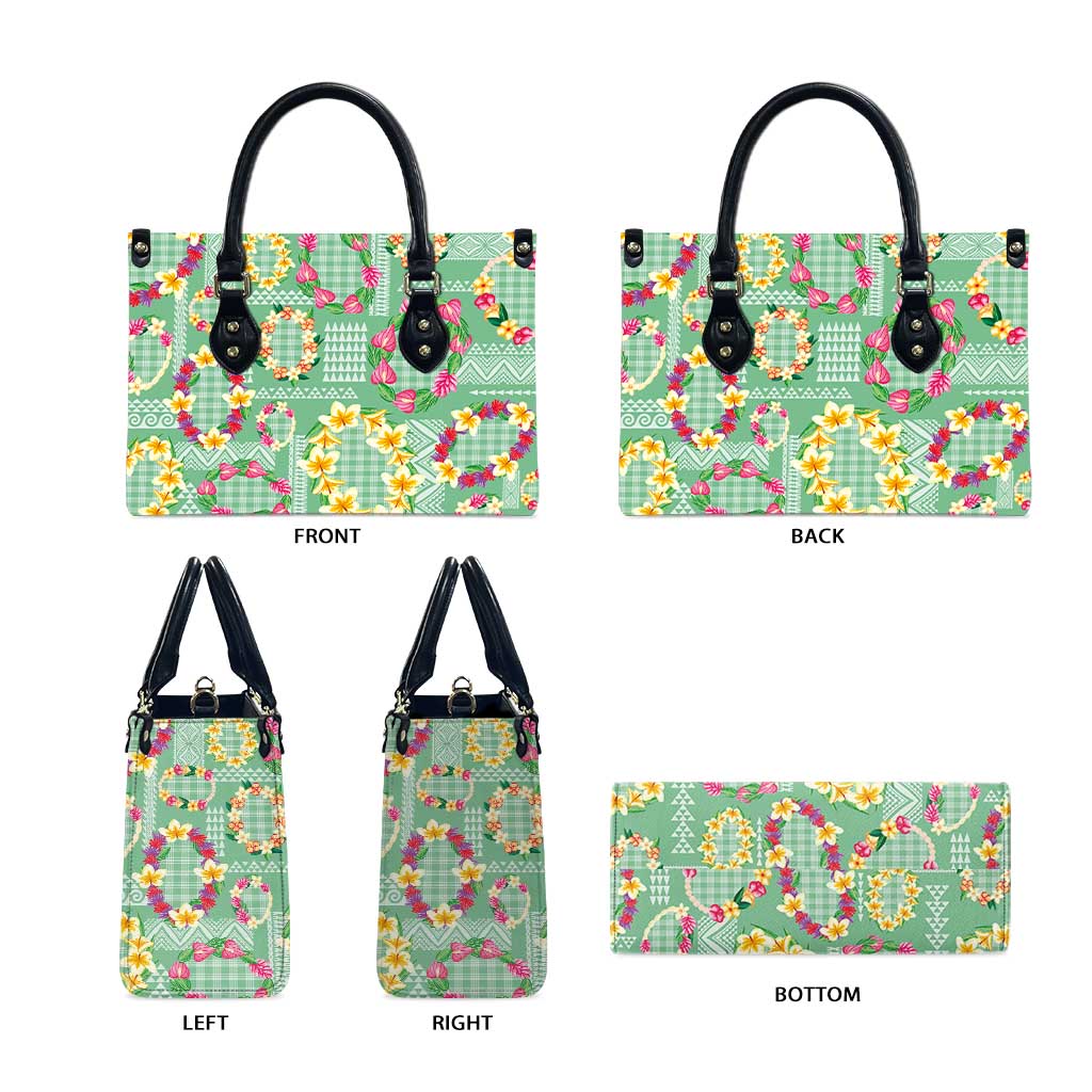 Hawaiian Leis Leather Bag Kakau Tattoos and Palaka Pastel Green Color
