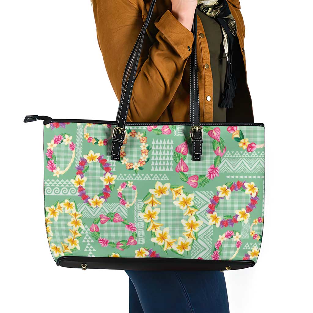 Hawaiian Leis Leather Tote Bag Kakau Tattoos and Palaka Pastel Green Color