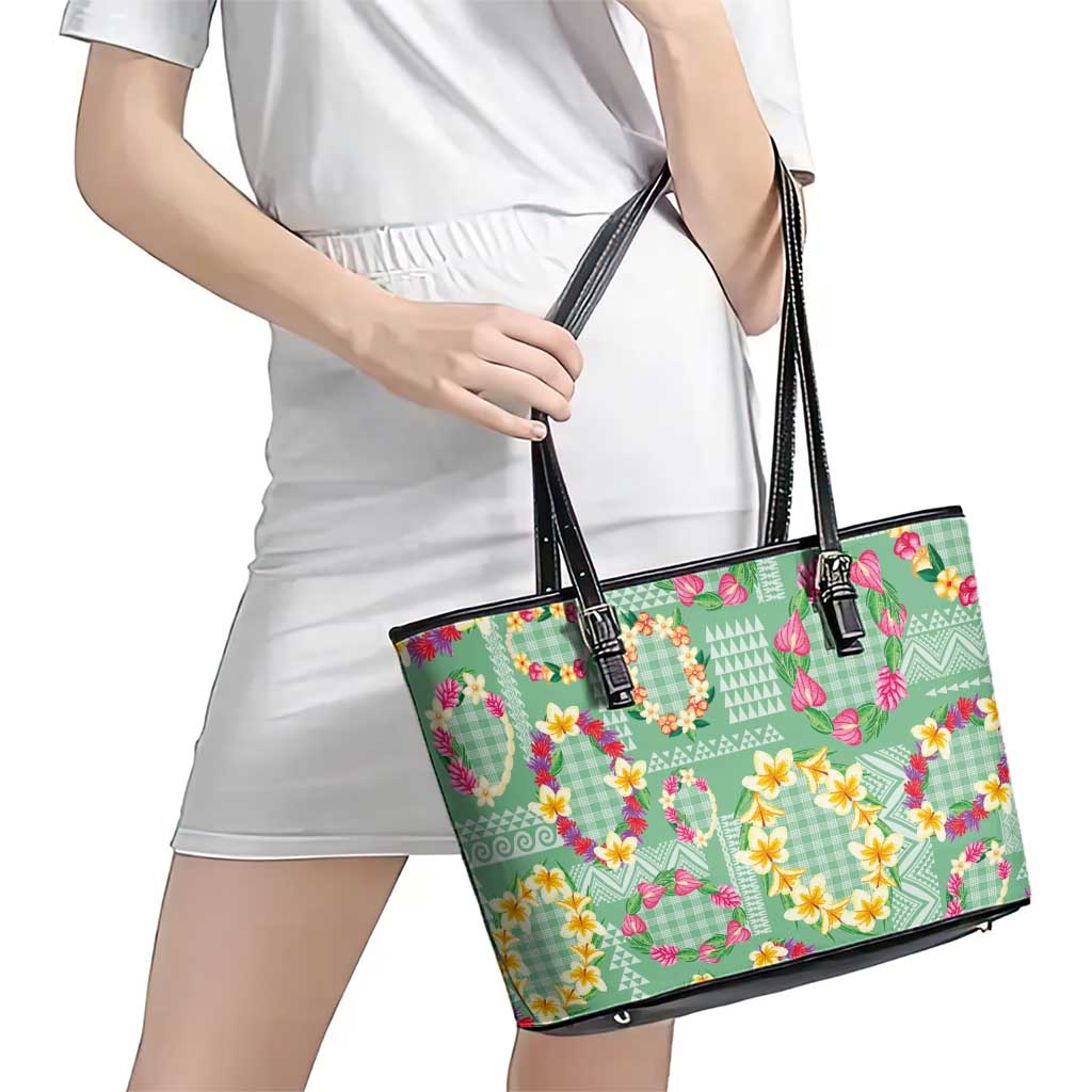 Hawaiian Leis Leather Tote Bag Kakau Tattoos and Palaka Pastel Green Color