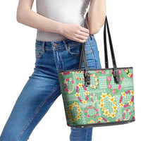 Hawaiian Leis Leather Tote Bag Kakau Tattoos and Palaka Pastel Green Color