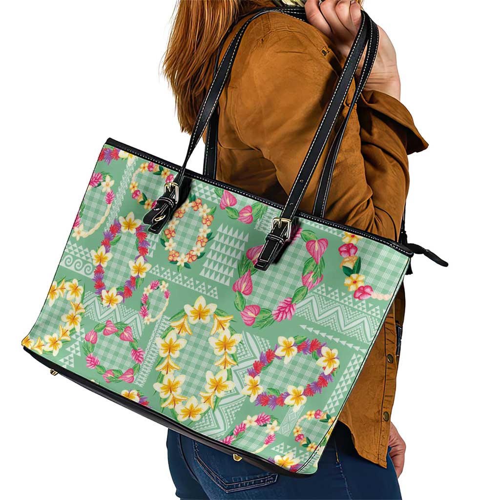 Hawaiian Leis Leather Tote Bag Kakau Tattoos and Palaka Pastel Green Color