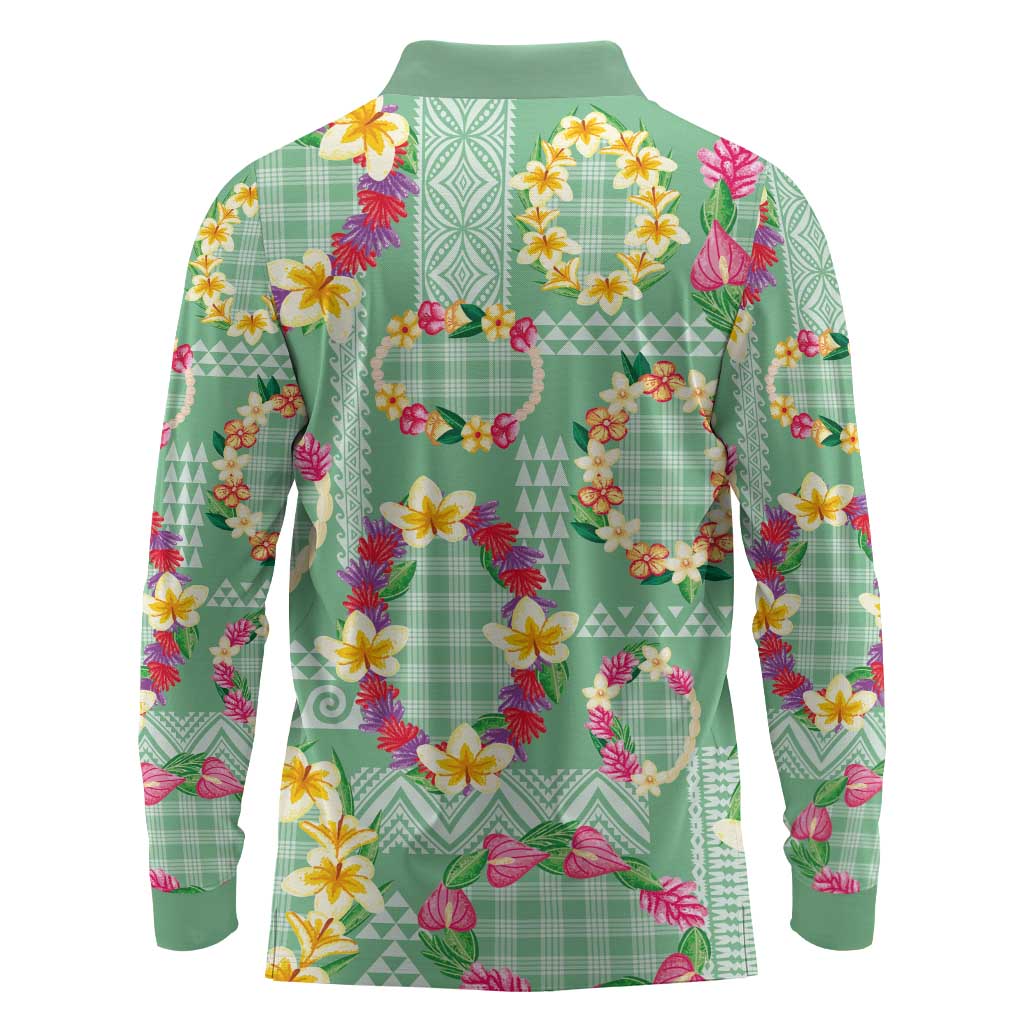 Hawaiian Leis Long Sleeve Polo Shirt Kakau Tattoos and Palaka Pastel Green Color