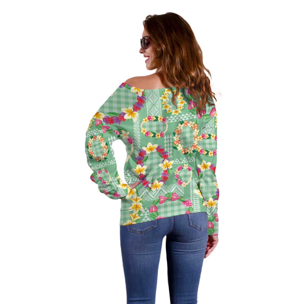 Hawaiian Leis Off Shoulder Sweater Kakau Tattoos and Palaka Pastel Green Color