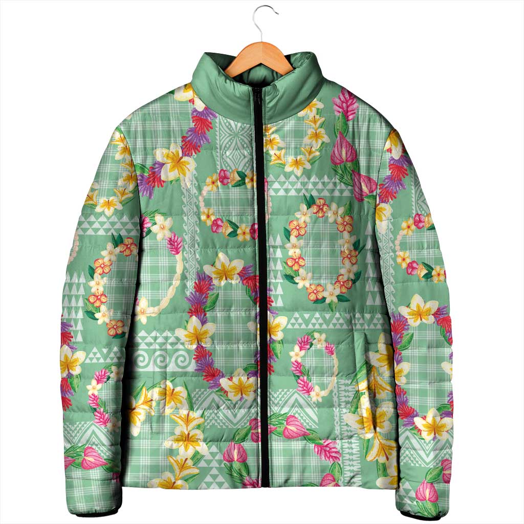 Hawaiian Leis Padded Jacket Kakau Tattoos and Palaka Pastel Green Color