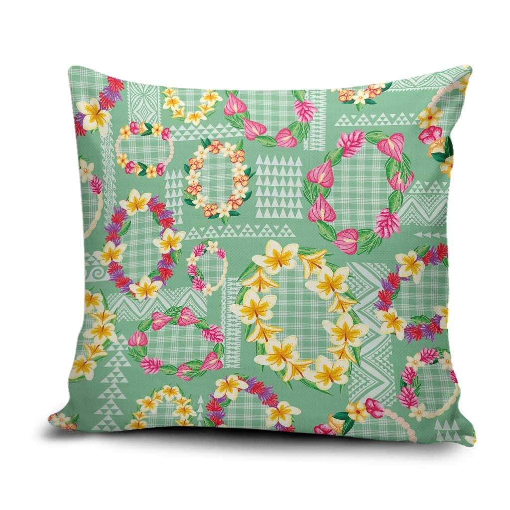 Hawaiian Leis Pillow Cover Kakau Tattoos and Palaka Pastel Green Color