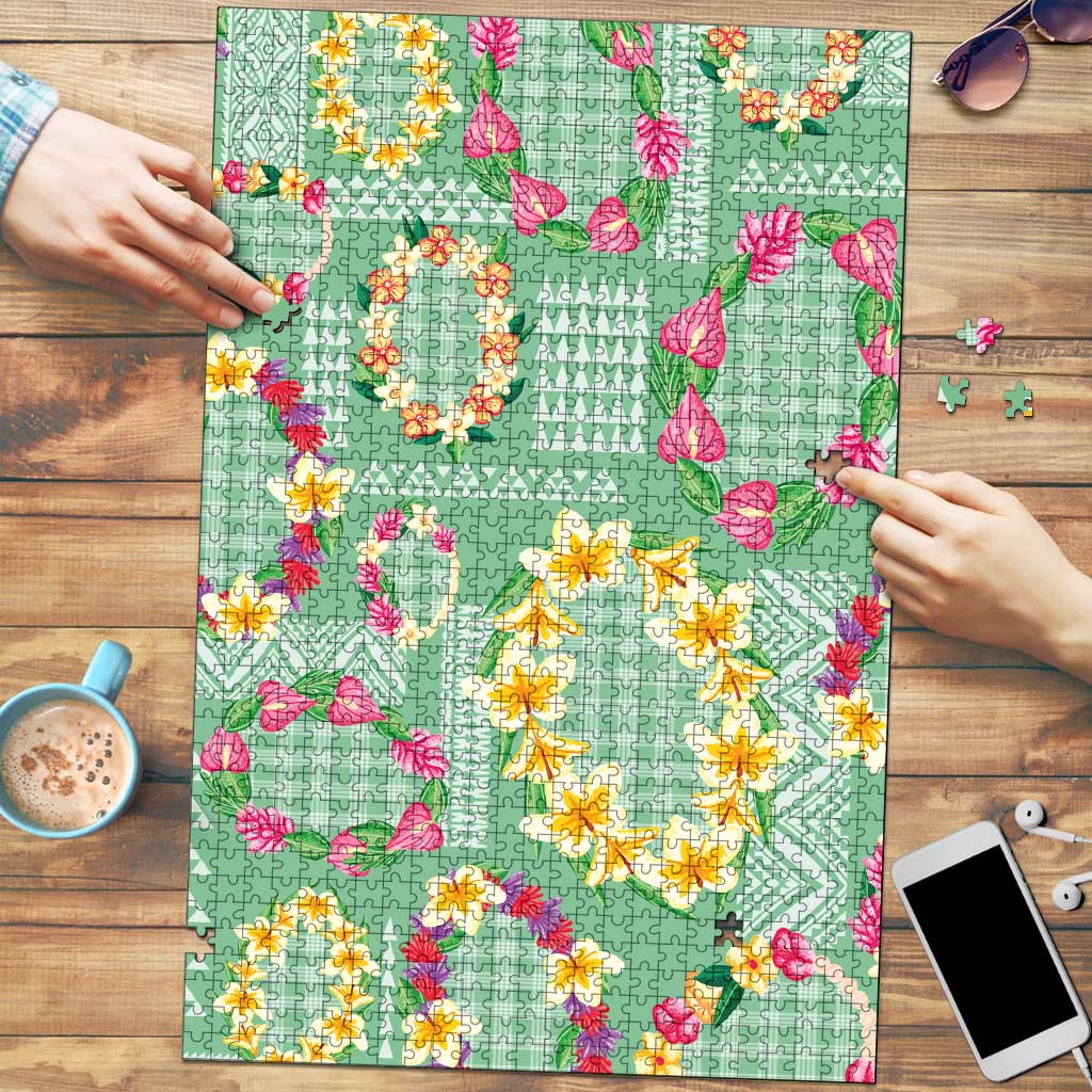 Hawaiian Leis Puzzle Kakau Tattoos and Palaka Pastel Green Color