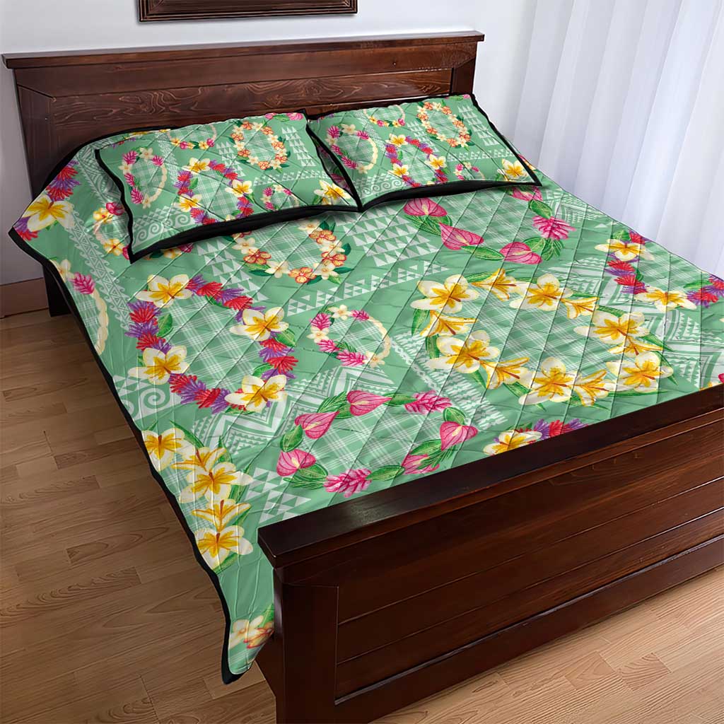 Hawaiian Leis Quilt Bed Set Kakau Tattoos and Palaka Pastel Green Color