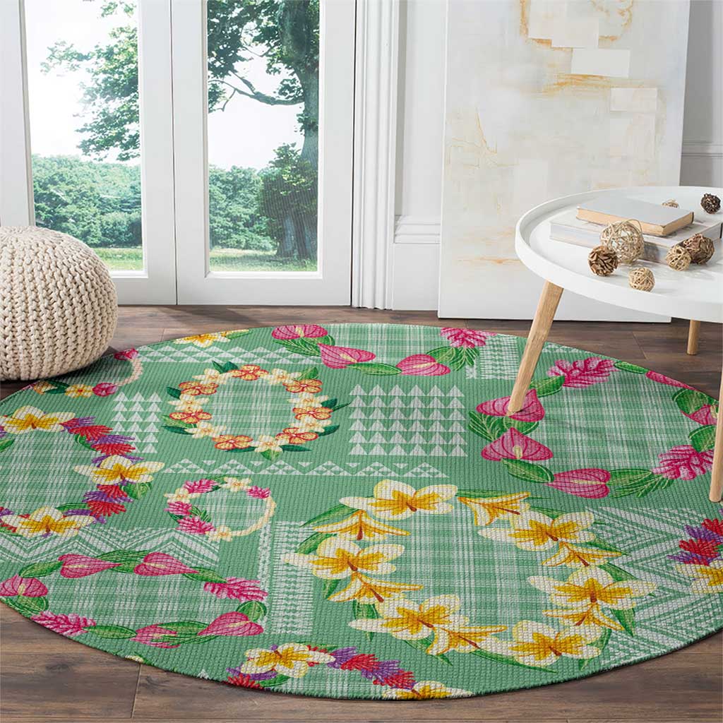 Hawaiian Leis Round Carpet Kakau Tattoos and Palaka Pastel Green Color