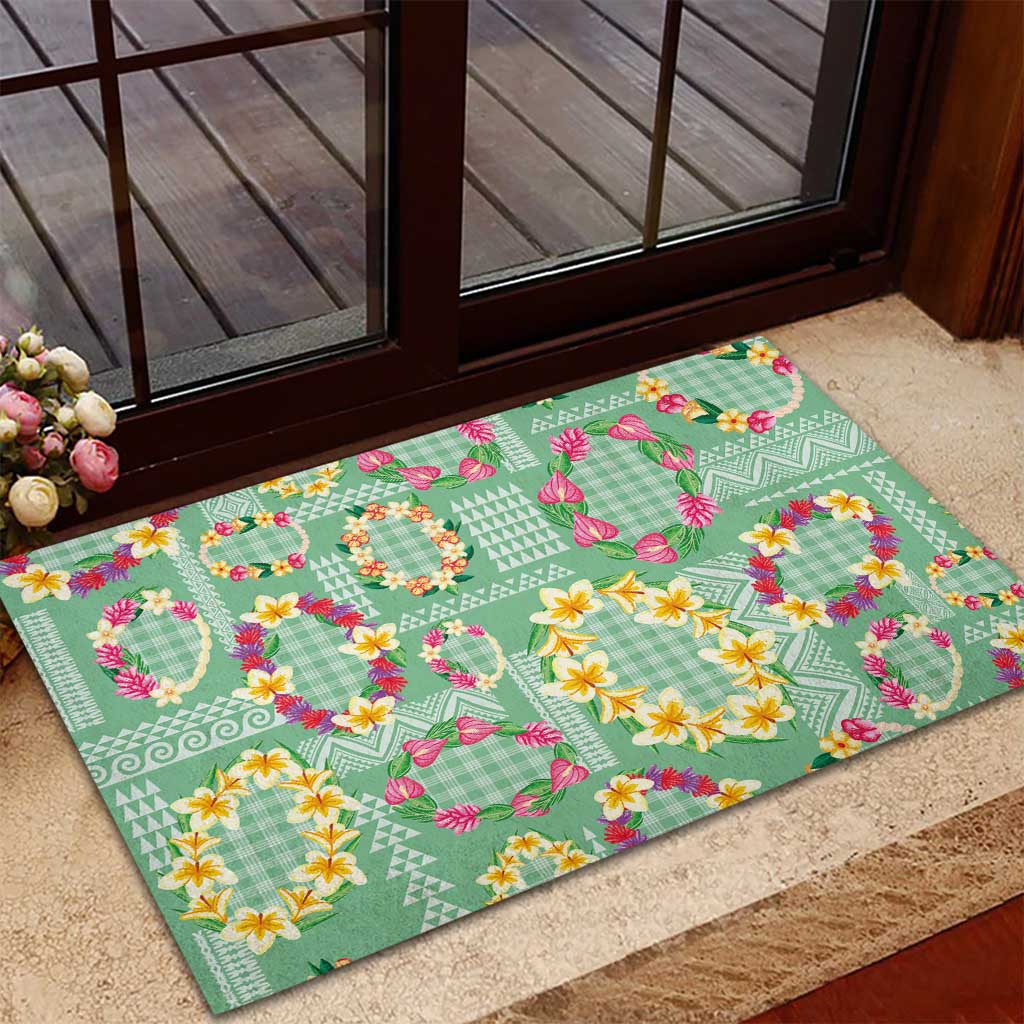 Hawaiian Leis Rubber Doormat Kakau Tattoos and Palaka Pastel Green Color