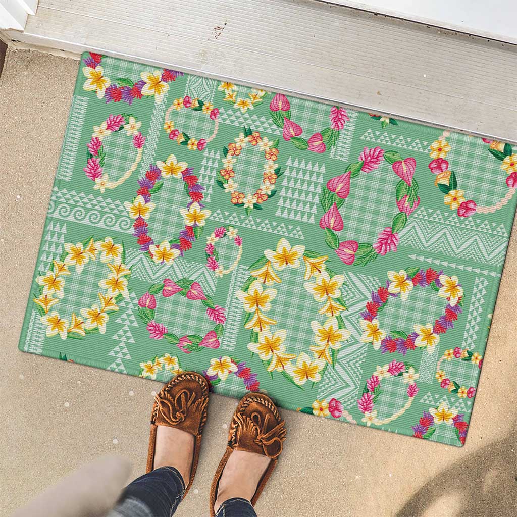 Hawaiian Leis Rubber Doormat Kakau Tattoos and Palaka Pastel Green Color