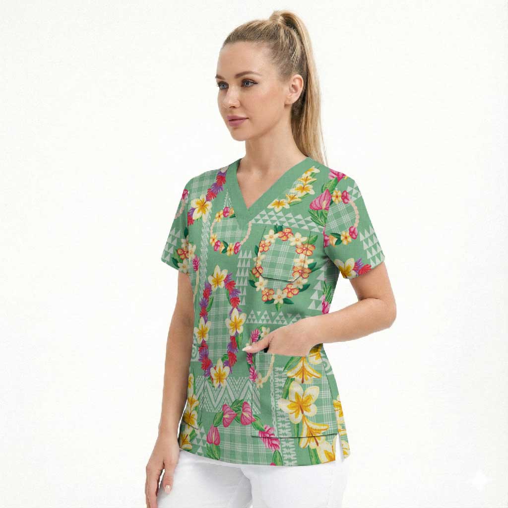 Hawaiian Leis Scrub Top Kakau Tattoos and Palaka Pastel Green Color