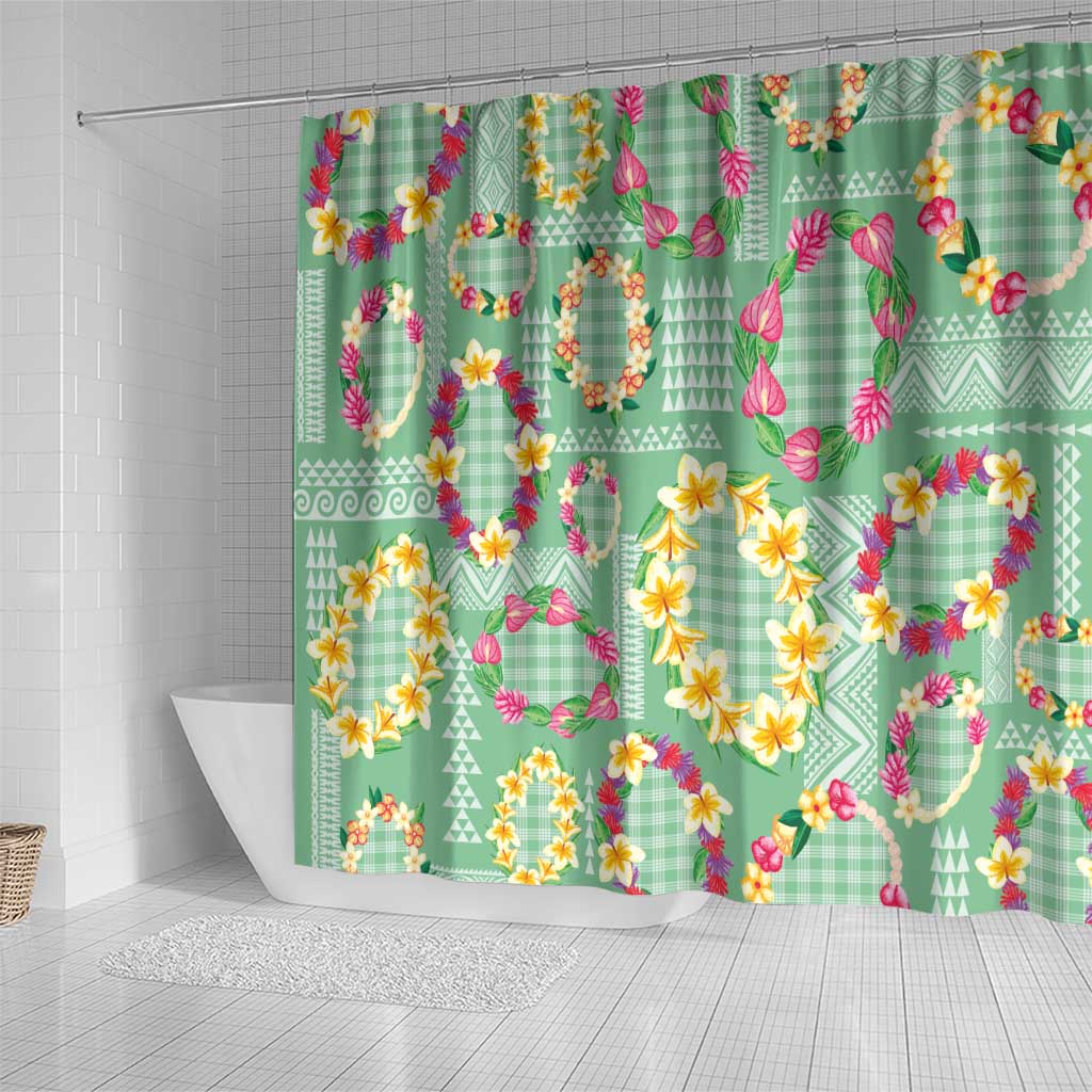 Hawaiian Leis Shower Curtain Kakau Tattoos and Palaka Pastel Green Color