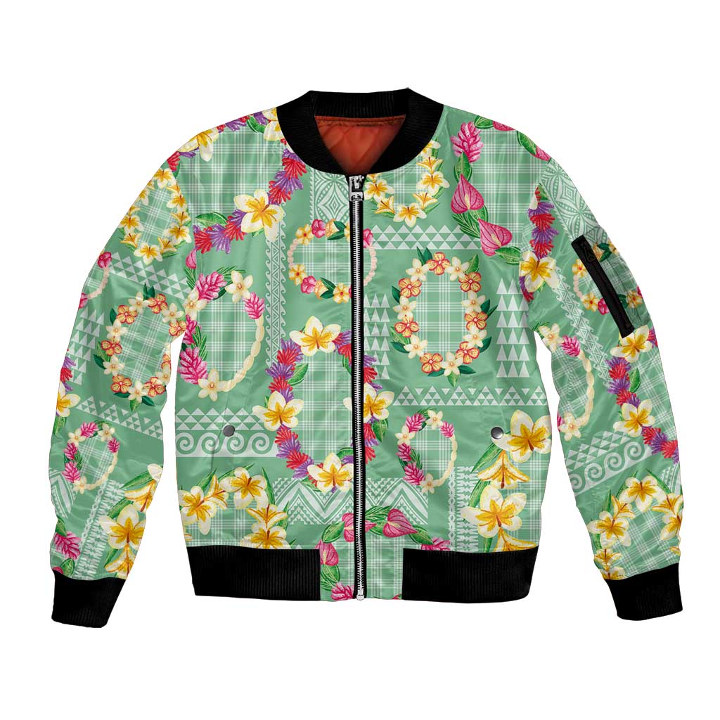 Hawaiian Leis Sleeve Zip Bomber Jacket Kakau Tattoos and Palaka Pastel Green Color