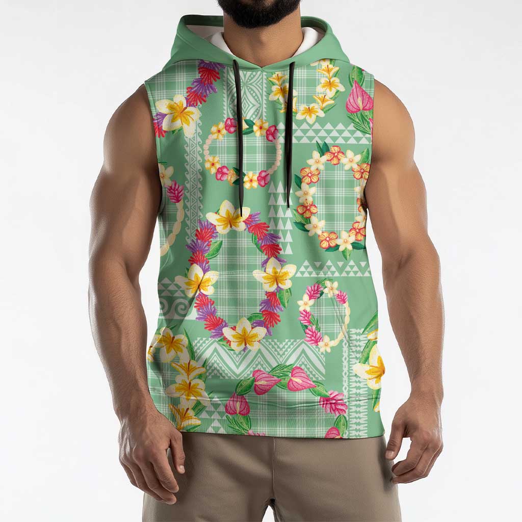 Hawaiian Leis Sleeveless Hoodie Kakau Tattoos and Palaka Pastel Green Color