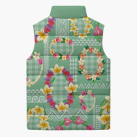 Hawaiian Leis Sleeveless Puffer Jacket Kakau Tattoos and Palaka Pastel Green Color