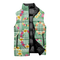 Hawaiian Leis Sleeveless Puffer Jacket Kakau Tattoos and Palaka Pastel Green Color