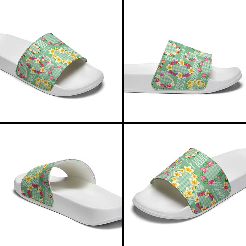 Hawaiian Leis Slide Sandals Kakau Tattoos and Palaka Pastel Green Color