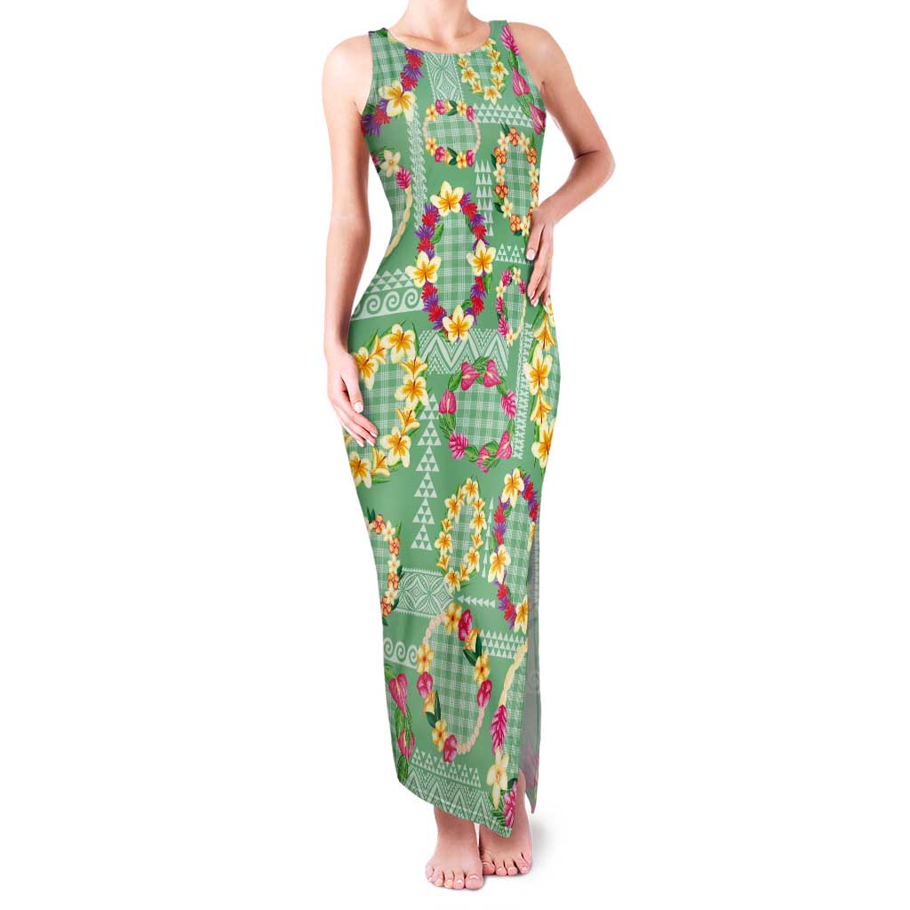 Hawaiian Leis Tank Maxi Dress Kakau Tattoos and Palaka Pastel Green Color