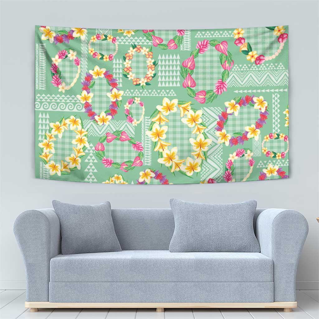 Hawaiian Leis Tapestry Kakau Tattoos and Palaka Pastel Green Color