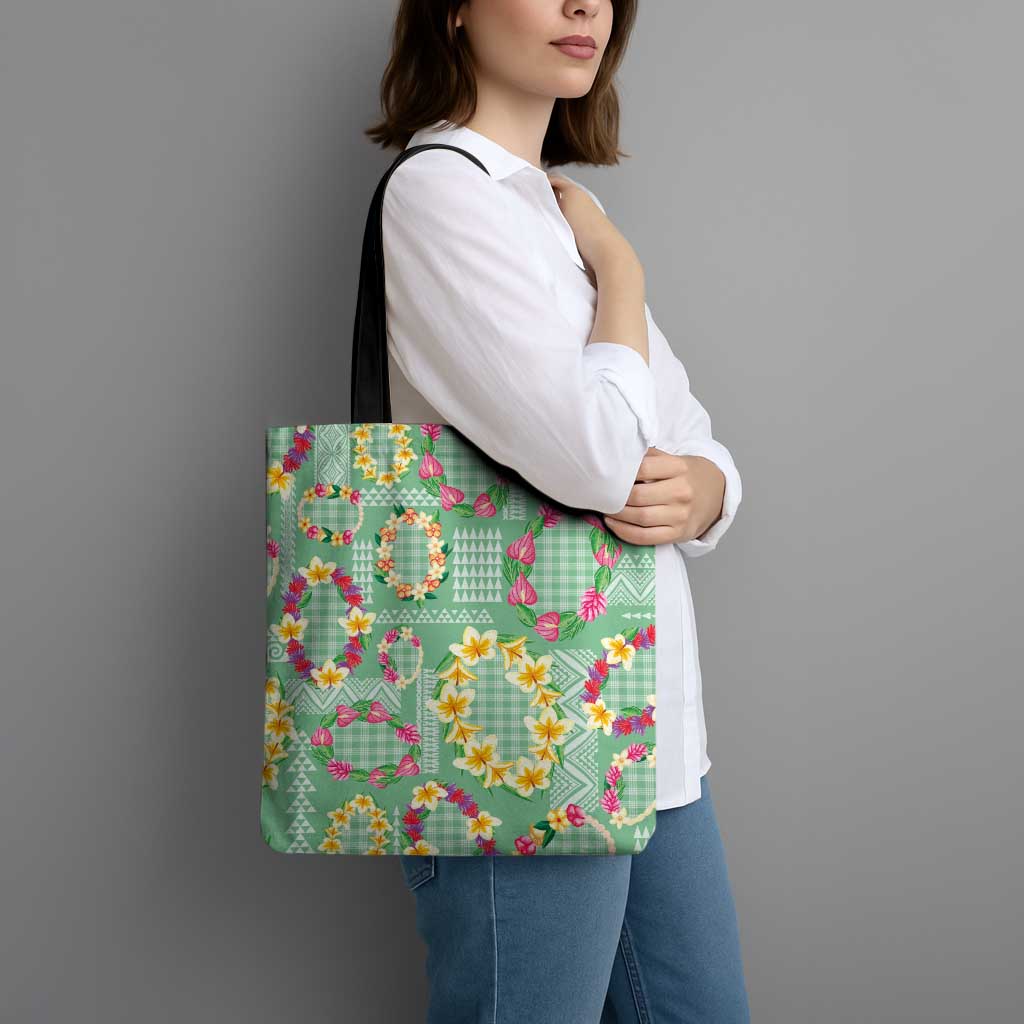 Hawaiian Leis Tote Bag Kakau Tattoos and Palaka Pastel Green Color