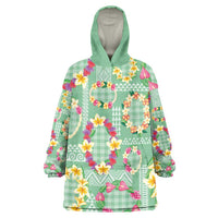 Hawaiian Leis Wearable Blanket Hoodie Kakau Tattoos and Palaka Pastel Green Color