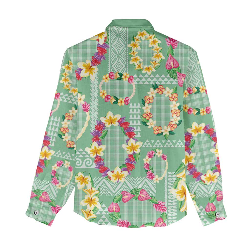 Hawaiian Leis Women Casual Shirt Kakau Tattoos and Palaka Pastel Green Color