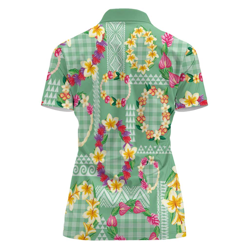 Hawaiian Leis Women Polo Shirt Kakau Tattoos and Palaka Pastel Green Color