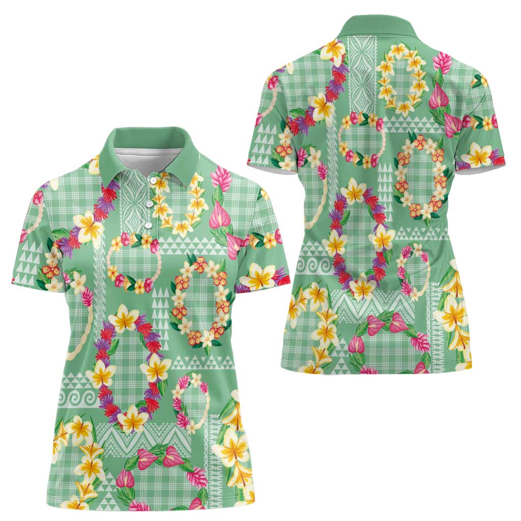 Hawaiian Leis Women Polo Shirt Kakau Tattoos and Palaka Pastel Green Color