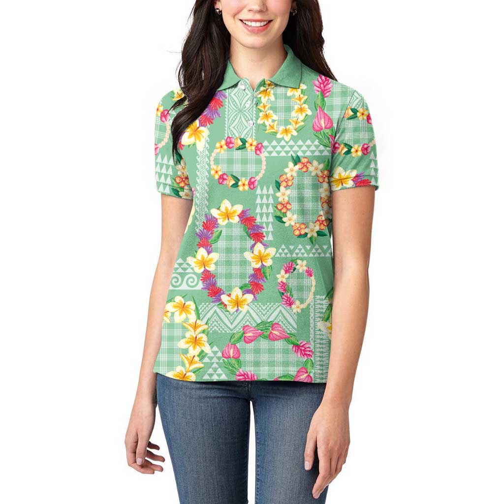 Hawaiian Leis Women Polo Shirt Kakau Tattoos and Palaka Pastel Green Color