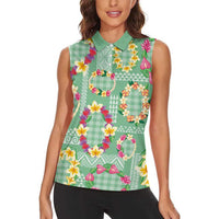 Hawaiian Leis Women Sleeveless Polo Shirt Kakau Tattoos and Palaka Pastel Green Color LT03 - Polynesian Pride