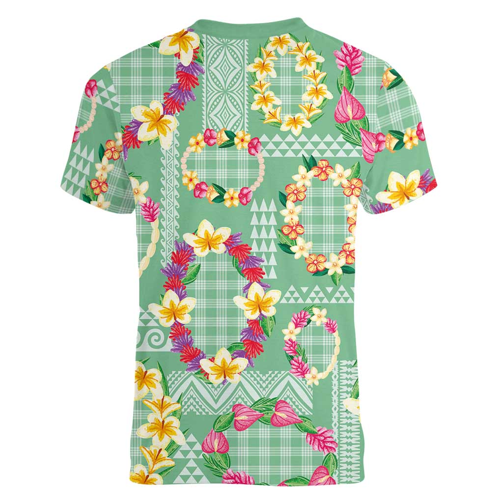 Hawaiian Leis Women V-Neck T-Shirt Kakau Tattoos and Palaka Pastel Green Color