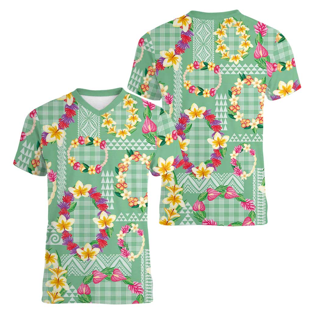 Hawaiian Leis Women V-Neck T-Shirt Kakau Tattoos and Palaka Pastel Green Color