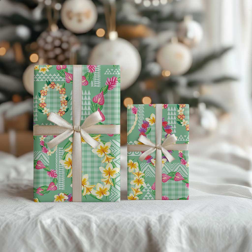 Hawaiian Leis Wrapping Paper Kakau Tattoos and Palaka Pastel Green Color