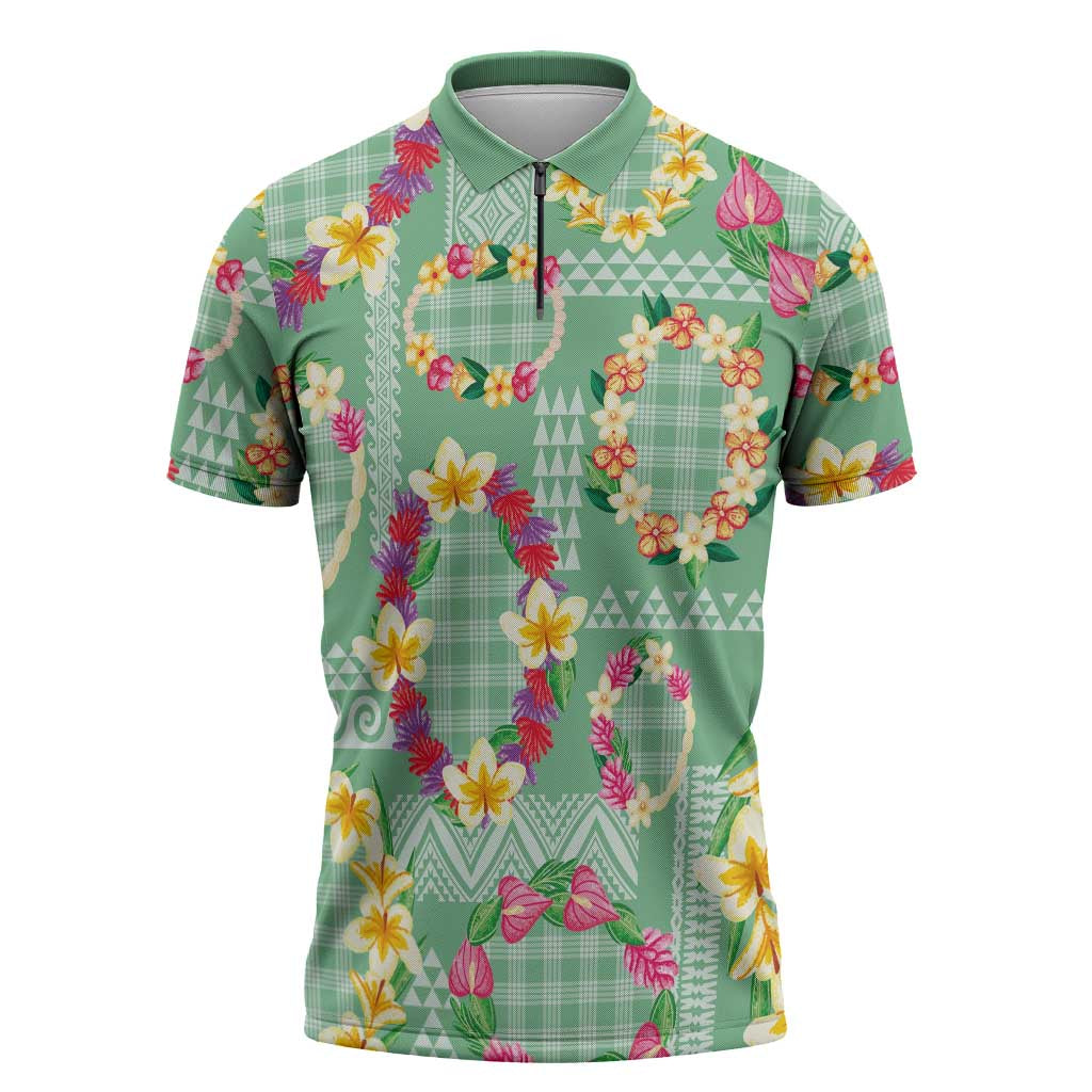 Hawaiian Leis Zipper Polo Shirt Kakau Tattoos and Palaka Pastel Green Color