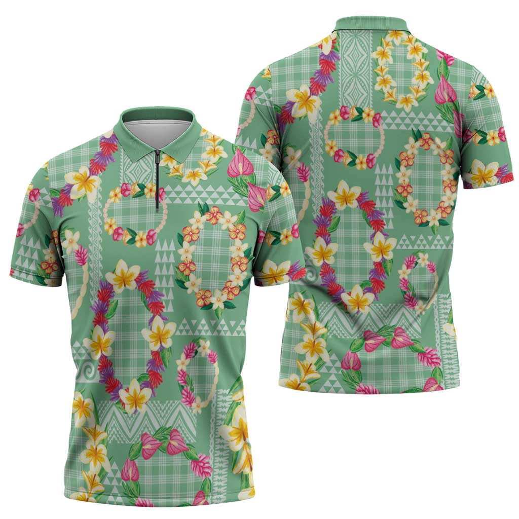 Hawaiian Leis Zipper Polo Shirt Kakau Tattoos and Palaka Pastel Green Color