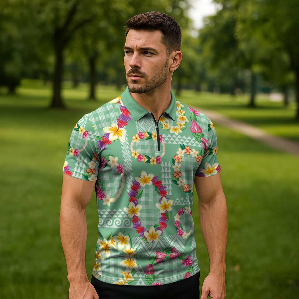 Hawaiian Leis Zipper Polo Shirt Kakau Tattoos and Palaka Pastel Green Color